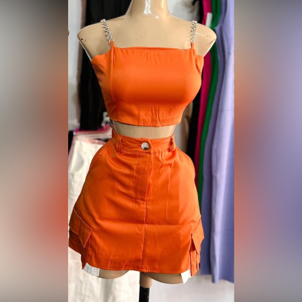 Vibrant Orange Crop Top and Skirt Set
